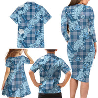 Blue Palaka Hawaii Cowboy Christmas Family Matching Long Sleeve Bodycon Dress and Hawaiian Shirt Paniolo Mix Maile Lei - Polynesian Pride