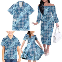 Blue Palaka Hawaii Cowboy Christmas Family Matching Off The Shoulder Long Sleeve Dress and Hawaiian Shirt Paniolo Mix Maile Lei - Polynesian Pride