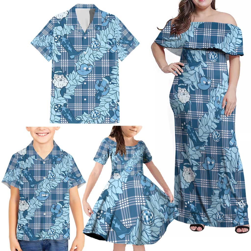 Blue Palaka Hawaii Cowboy Christmas Family Matching Off Shoulder Maxi Dress and Hawaiian Shirt Paniolo Mix Maile Lei - Polynesian Pride