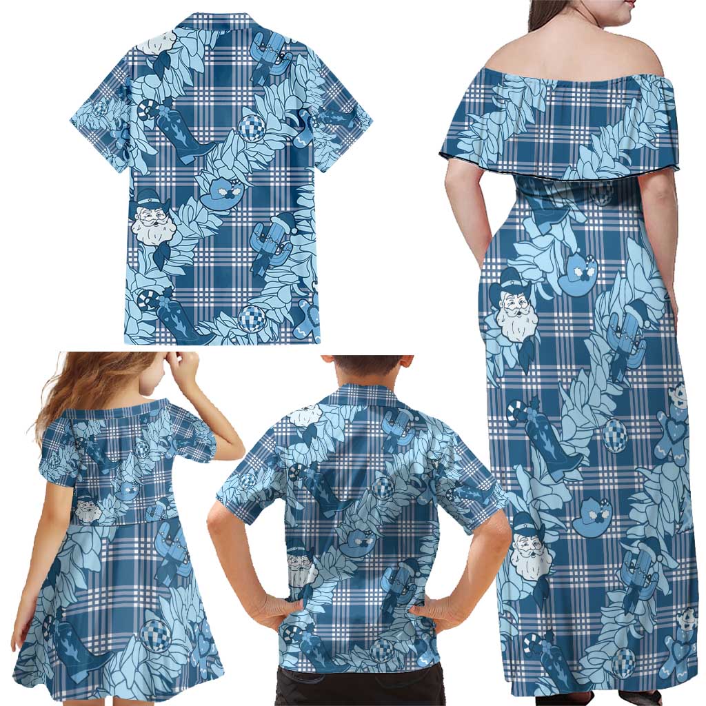 Blue Palaka Hawaii Cowboy Christmas Family Matching Off Shoulder Maxi Dress and Hawaiian Shirt Paniolo Mix Maile Lei - Polynesian Pride