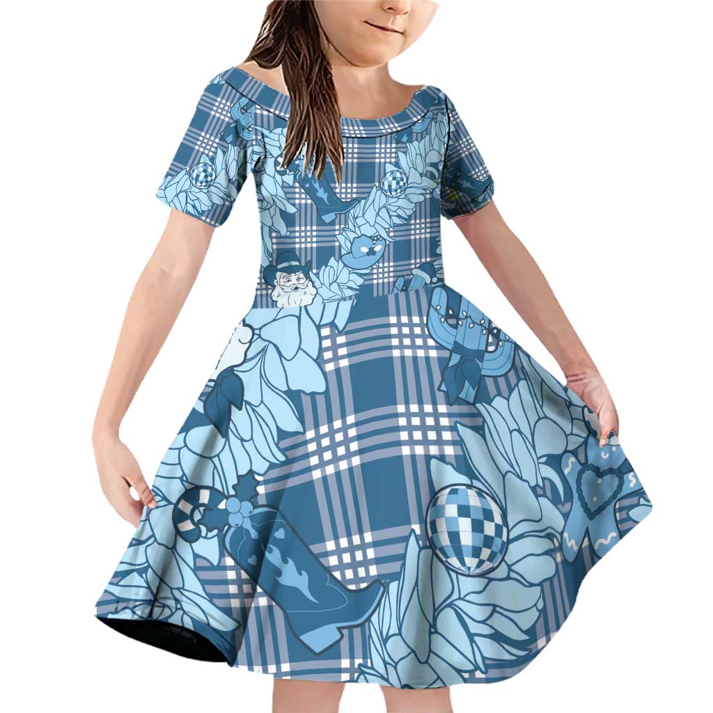 Blue Palaka Hawaii Cowboy Christmas Family Matching Off Shoulder Short Dress and Hawaiian Shirt Paniolo Mix Maile Lei - Polynesian Pride