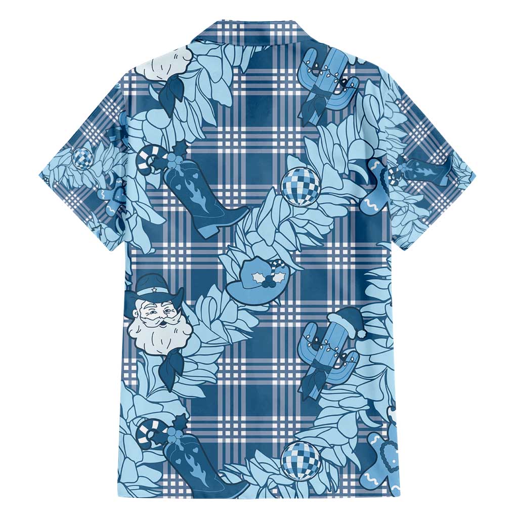 Blue Palaka Hawaii Cowboy Christmas Family Matching Off Shoulder Short Dress and Hawaiian Shirt Paniolo Mix Maile Lei - Polynesian Pride