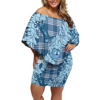 Blue Palaka Hawaii Cowboy Christmas Family Matching Off Shoulder Short Dress and Hawaiian Shirt Paniolo Mix Maile Lei - Polynesian Pride