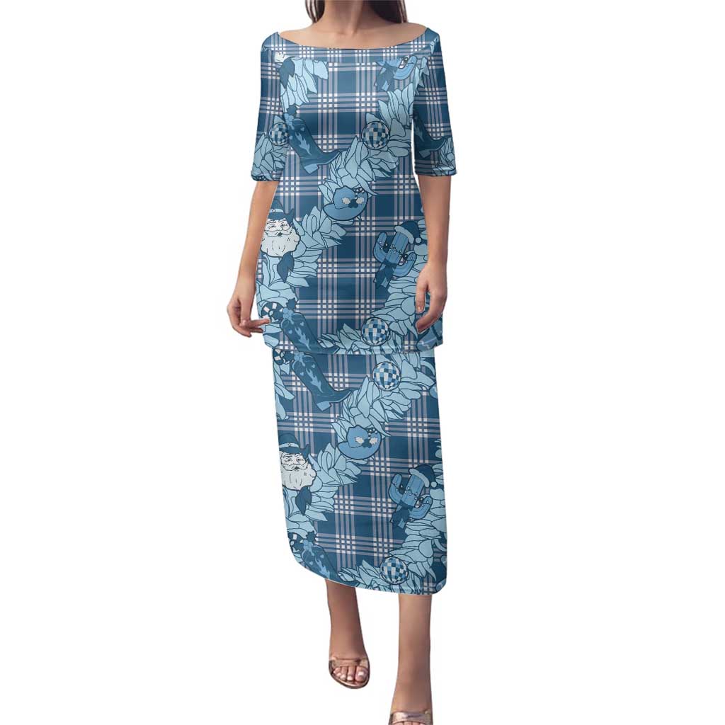 Blue Palaka Hawaii Cowboy Christmas Family Matching Puletasi and Hawaiian Shirt Paniolo Mix Maile Lei - Polynesian Pride