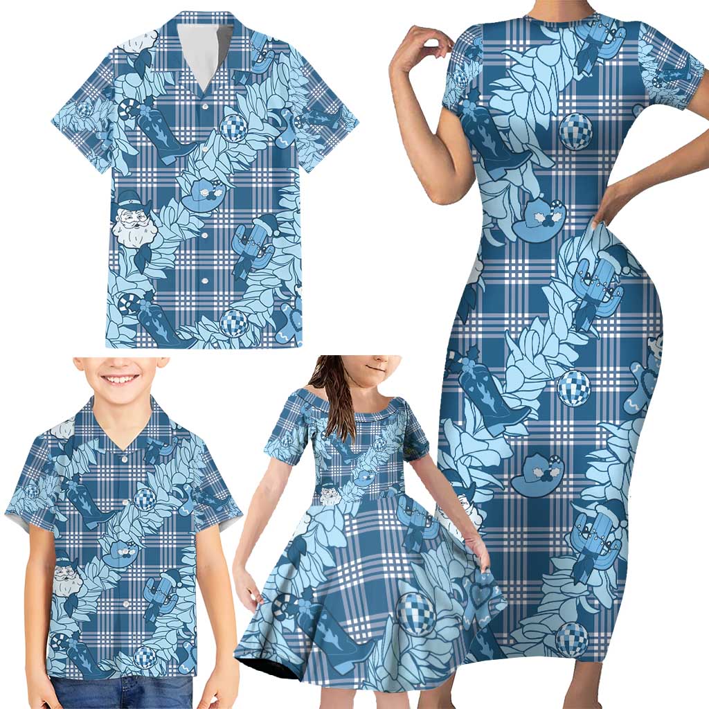 Blue Palaka Hawaii Cowboy Christmas Family Matching Short Sleeve Bodycon Dress and Hawaiian Shirt Paniolo Mix Maile Lei - Polynesian Pride