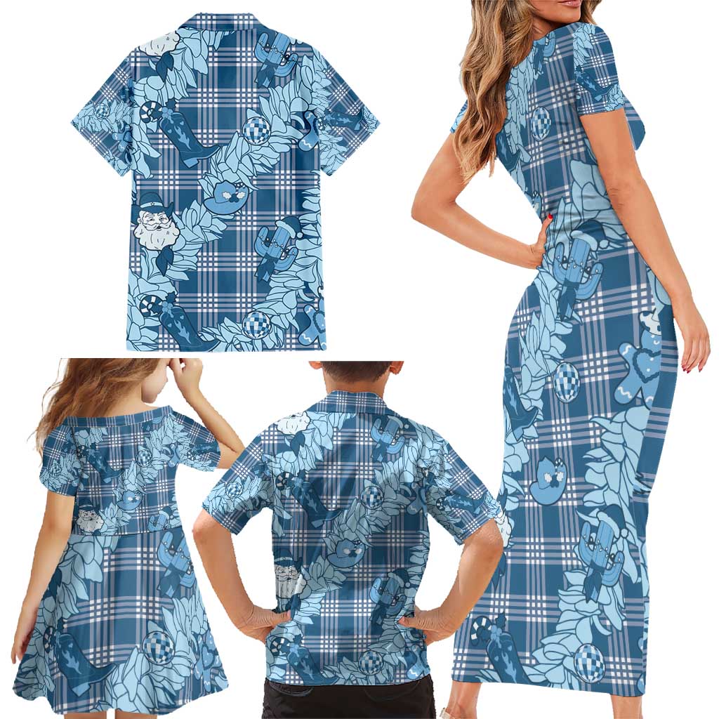 Blue Palaka Hawaii Cowboy Christmas Family Matching Short Sleeve Bodycon Dress and Hawaiian Shirt Paniolo Mix Maile Lei - Polynesian Pride