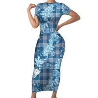 Blue Palaka Hawaii Cowboy Christmas Family Matching Short Sleeve Bodycon Dress and Hawaiian Shirt Paniolo Mix Maile Lei - Polynesian Pride