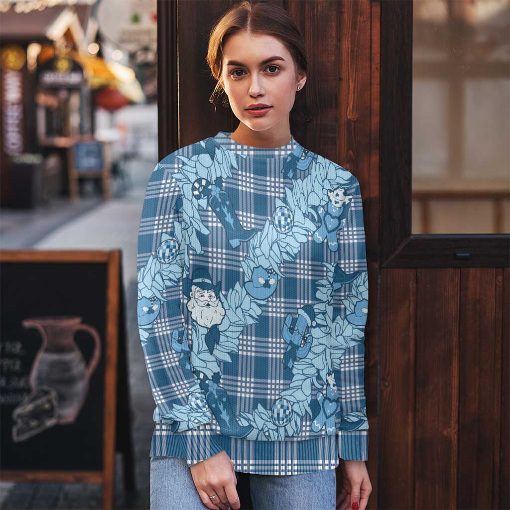 Blue Palaka Hawaii Cowboy Christmas Ugly Christmas Sweater Paniolo Mix Maile Lei - Polynesian Pride