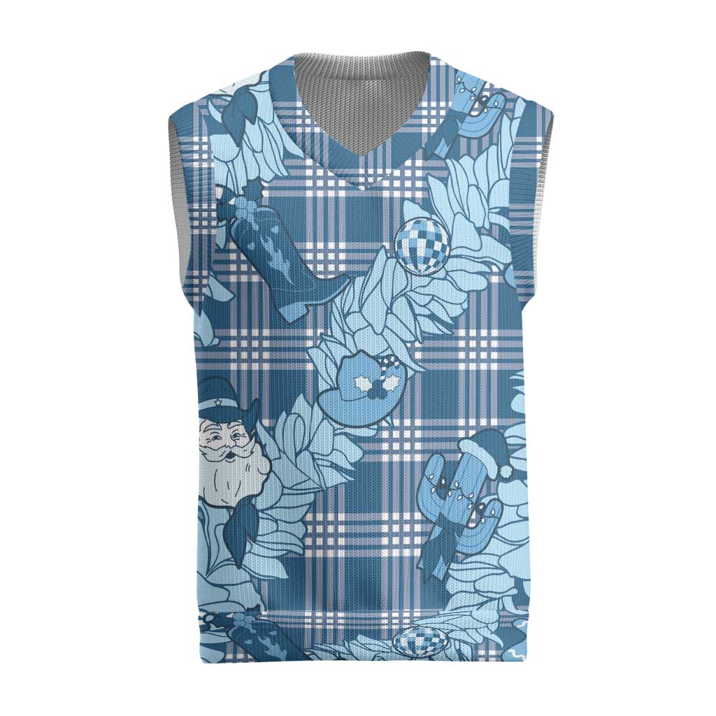 Blue Palaka Hawaii Cowboy Christmas Knitted V-Neck Vest Paniolo Mix Maile Lei - Polynesian Pride