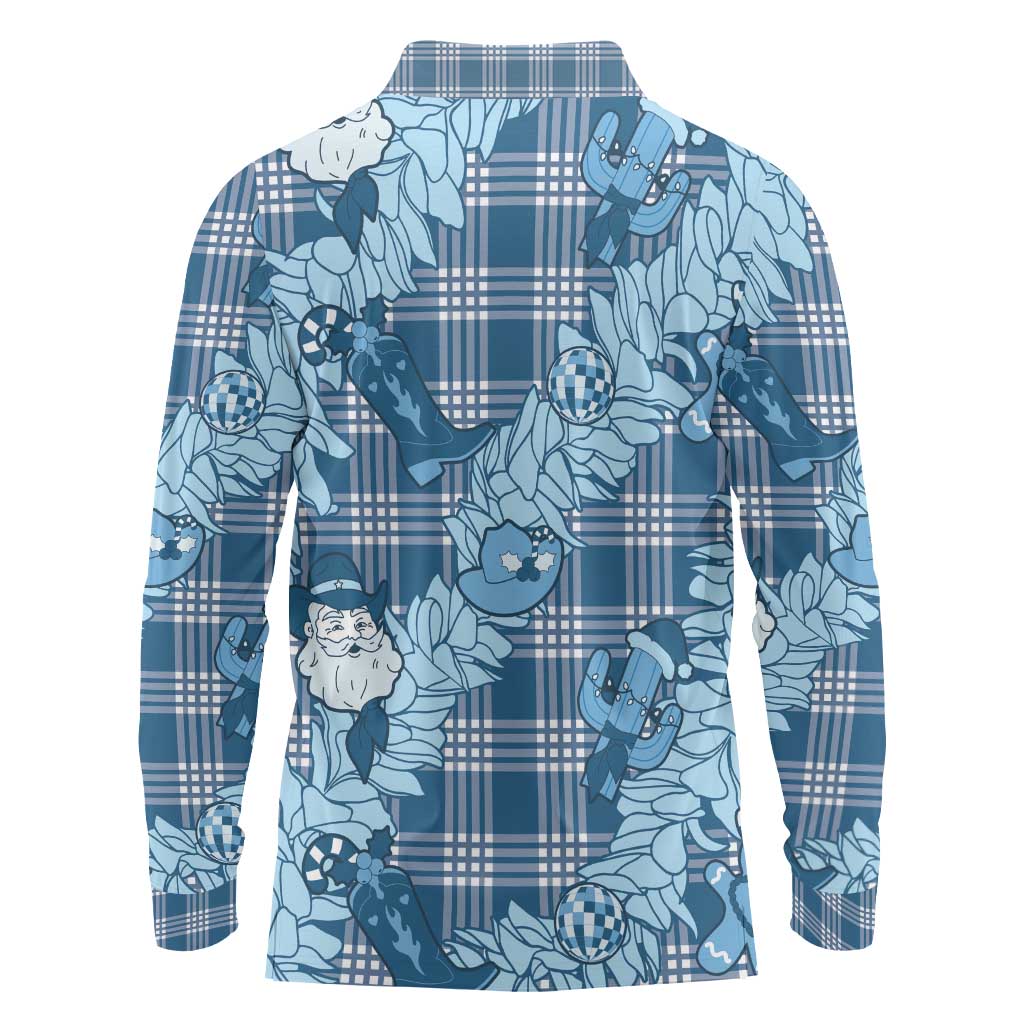 Blue Palaka Hawaii Cowboy Christmas Long Sleeve Polo Shirt Paniolo Mix Maile Lei - Polynesian Pride