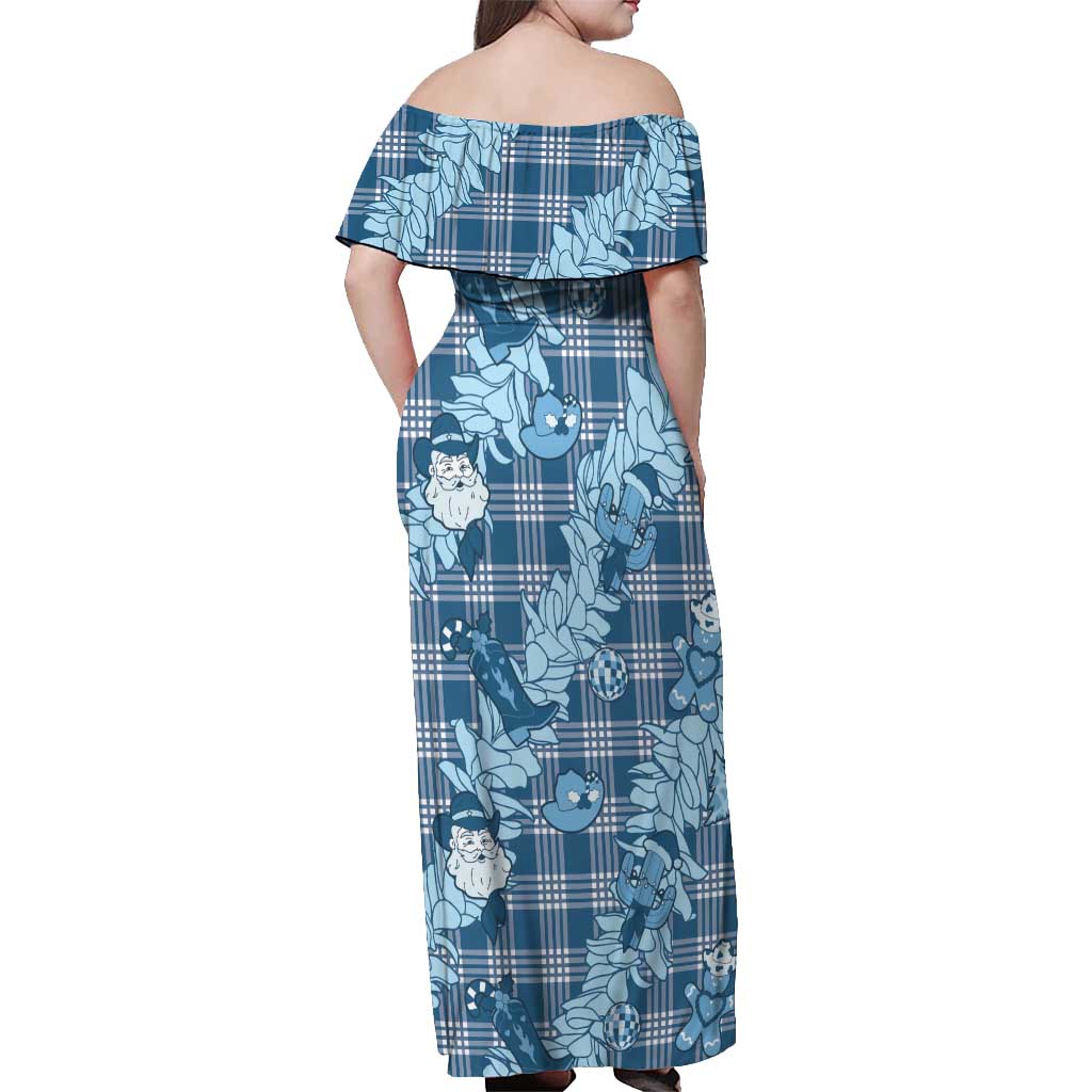 Blue Palaka Hawaii Cowboy Christmas Off Shoulder Maxi Dress Paniolo Mix Maile Lei - Polynesian Pride