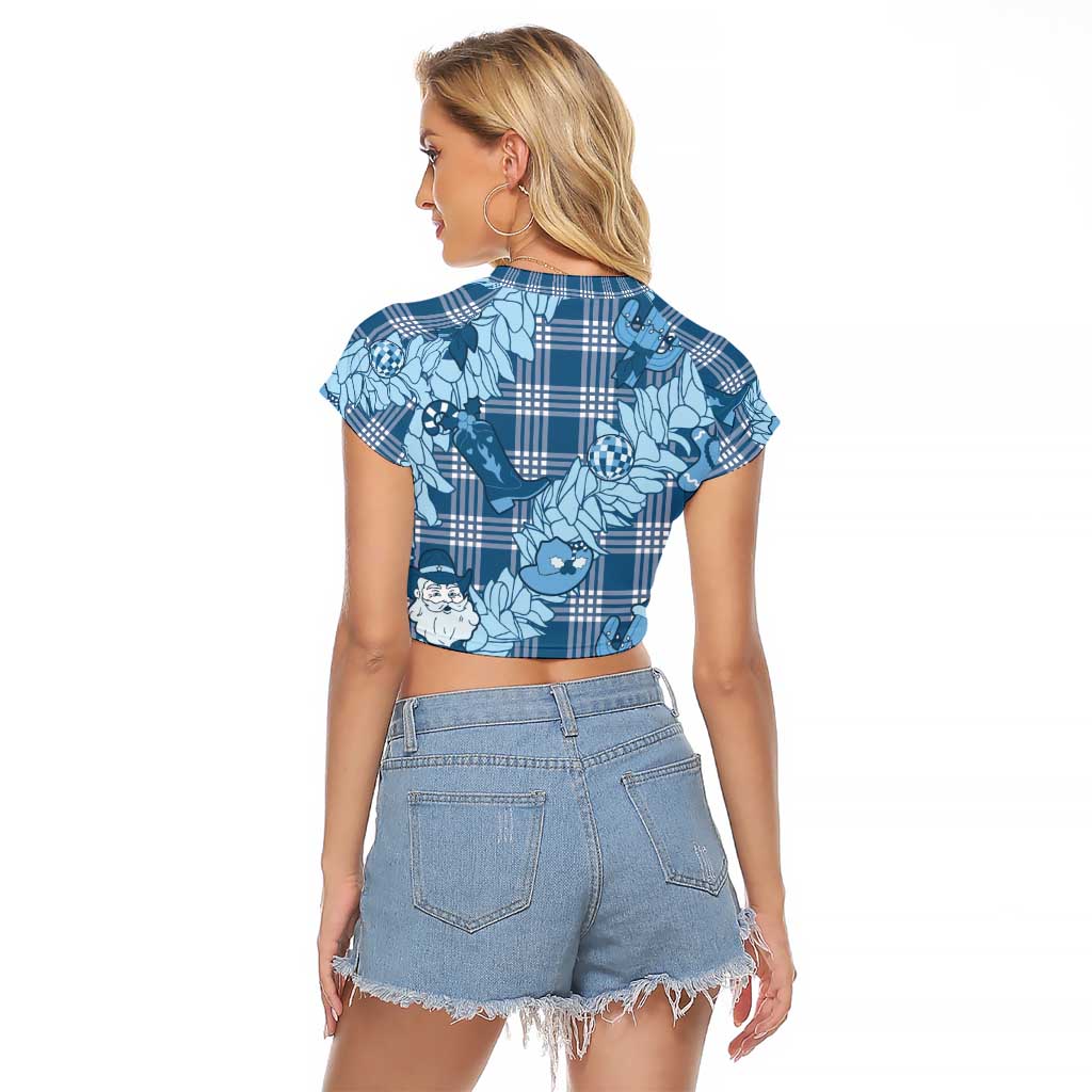 Blue Palaka Hawaii Cowboy Christmas Raglan Cropped T Shirt Paniolo Mix Maile Lei - Polynesian Pride