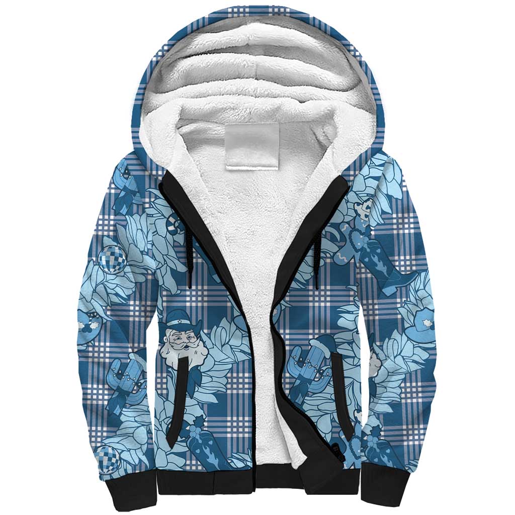 Blue Palaka Hawaii Cowboy Christmas Sherpa Hoodie Paniolo Mix Maile Lei - Polynesian Pride