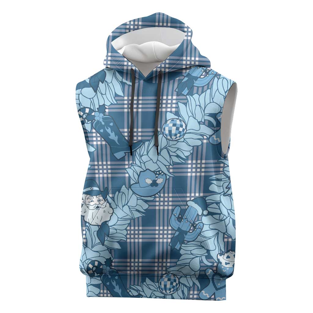 Blue Palaka Hawaii Cowboy Christmas Sleeveless Hoodie Paniolo Mix Maile Lei - Polynesian Pride
