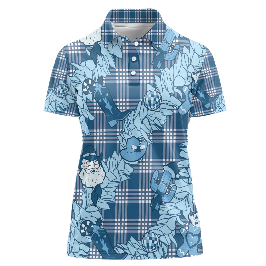 Blue Palaka Hawaii Cowboy Christmas Women Polo Shirt Paniolo Mix Maile Lei - Polynesian Pride