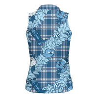 Blue Palaka Hawaii Cowboy Christmas Women Sleeveless Polo Shirt Paniolo Mix Maile Lei LT7 - Polynesian Pride