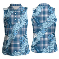Blue Palaka Hawaii Cowboy Christmas Women Sleeveless Polo Shirt Paniolo Mix Maile Lei LT7 - Polynesian Pride