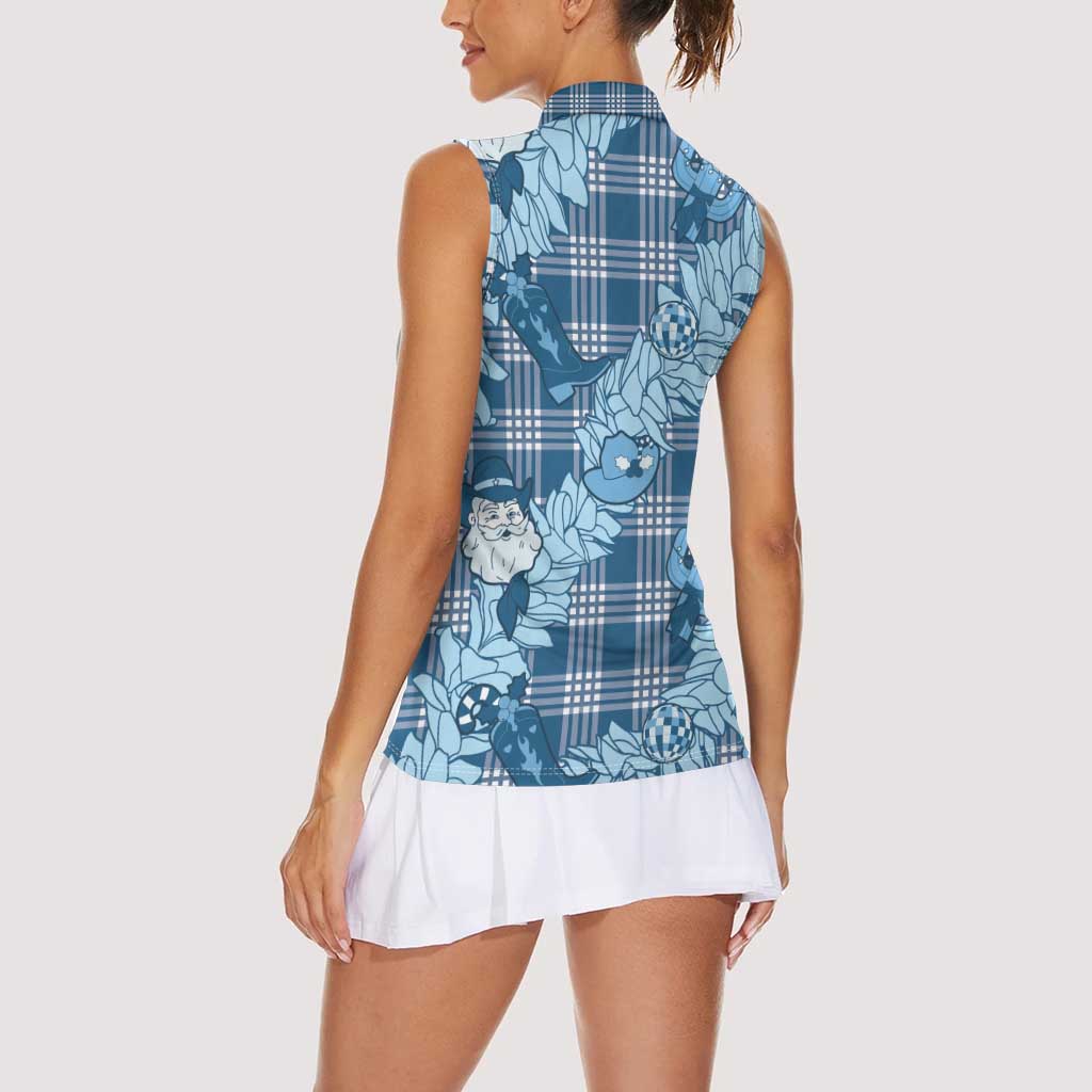 Blue Palaka Hawaii Cowboy Christmas Women Sleeveless Polo Shirt Paniolo Mix Maile Lei LT7 - Polynesian Pride