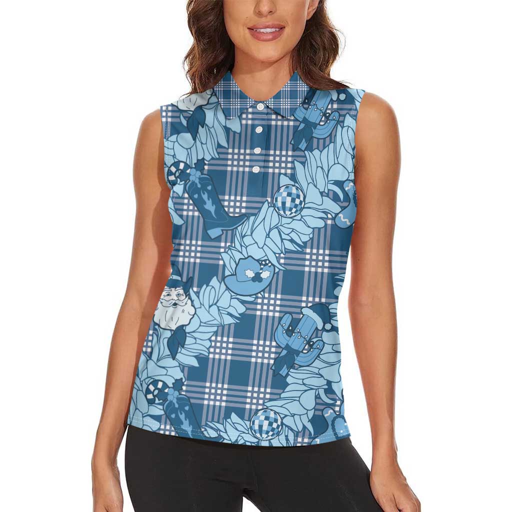 Blue Palaka Hawaii Cowboy Christmas Women Sleeveless Polo Shirt Paniolo Mix Maile Lei LT7 - Polynesian Pride