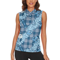 Blue Palaka Hawaii Cowboy Christmas Women Sleeveless Polo Shirt Paniolo Mix Maile Lei LT7 - Polynesian Pride