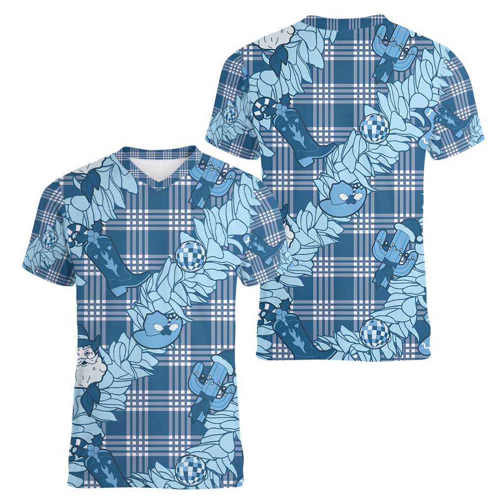 Blue Palaka Hawaii Cowboy Christmas Women V-Neck T-Shirt Paniolo Mix Maile Lei - Polynesian Pride