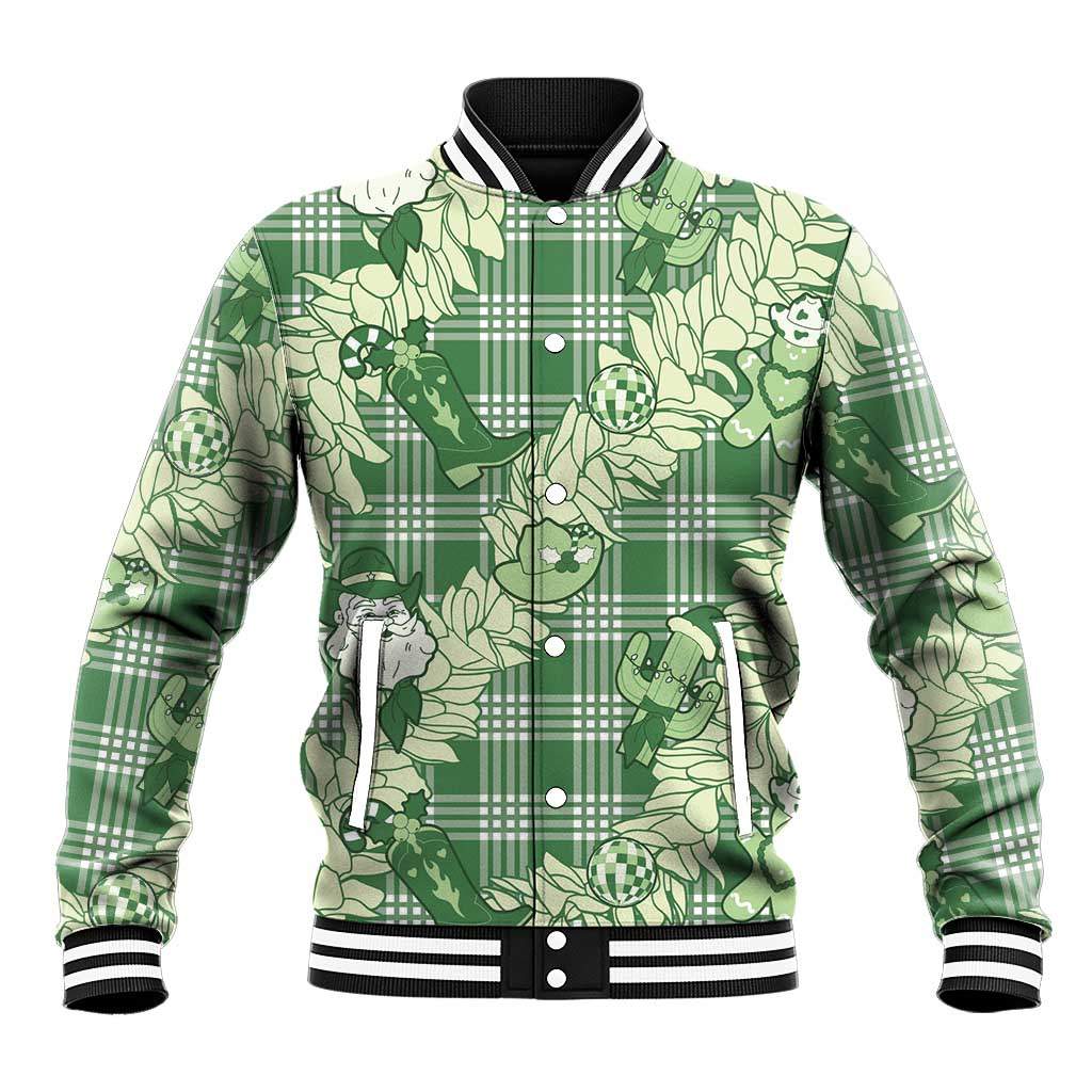 Green Palaka Hawaii Cowboy Christmas Baseball Jacket Paniolo Mix Maile Lei - Polynesian Pride