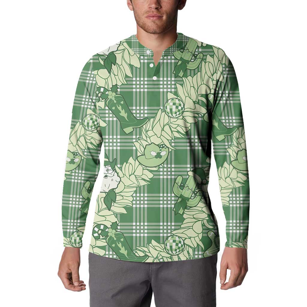 Green Palaka Hawaii Cowboy Christmas Button Sweatshirt Paniolo Mix Maile Lei - Polynesian Pride
