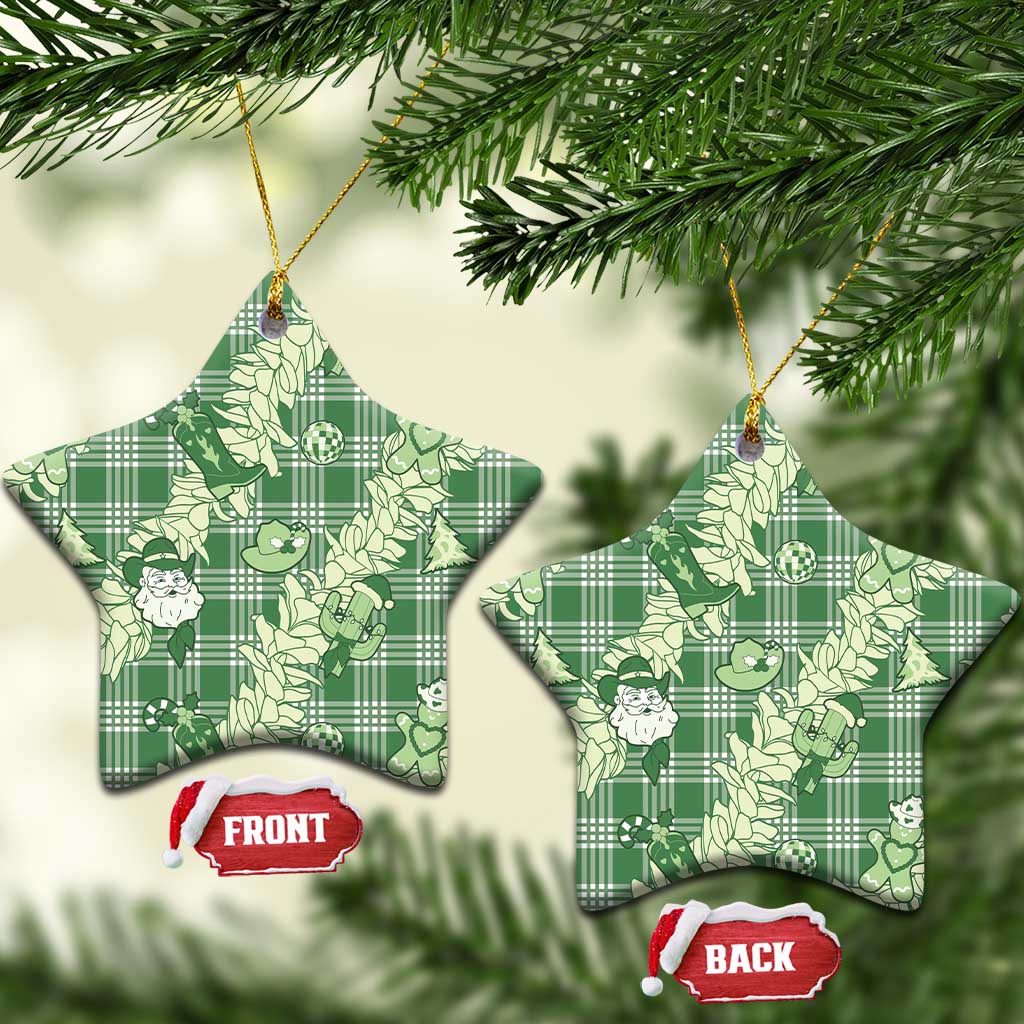 Green Palaka Hawaii Cowboy Christmas Ceramic Ornament Paniolo Mix Maile Lei - Polynesian Pride