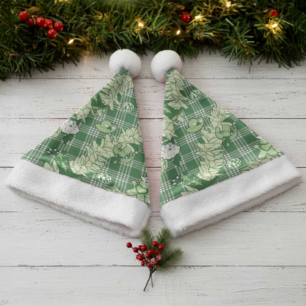 Green Palaka Hawaii Cowboy Christmas Santa Hat Paniolo Mix Maile Lei - Polynesian Pride