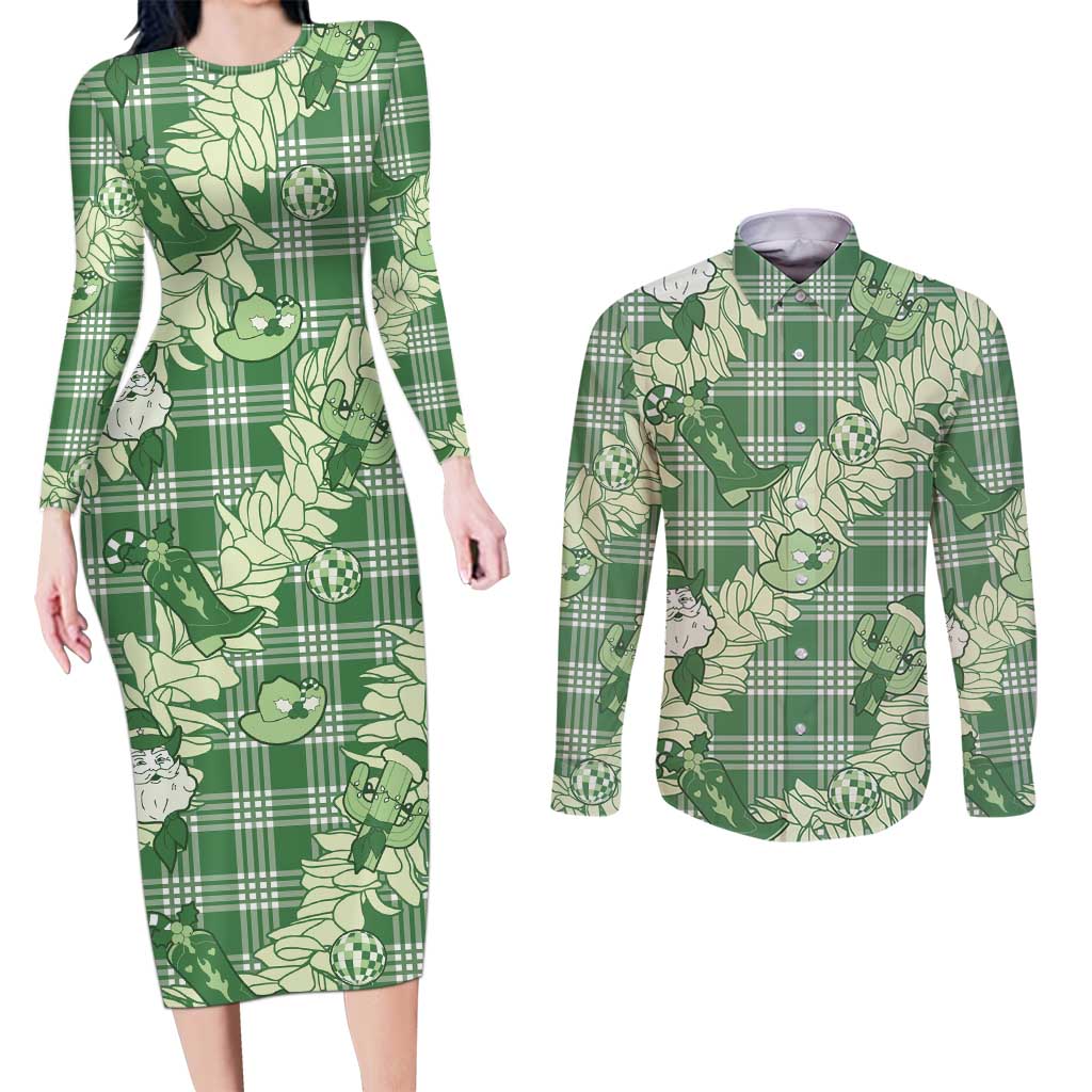 Green Palaka Hawaii Cowboy Christmas Couples Matching Long Sleeve Bodycon Dress and Long Sleeve Button Shirt Paniolo Mix Maile Lei - Polynesian Pride