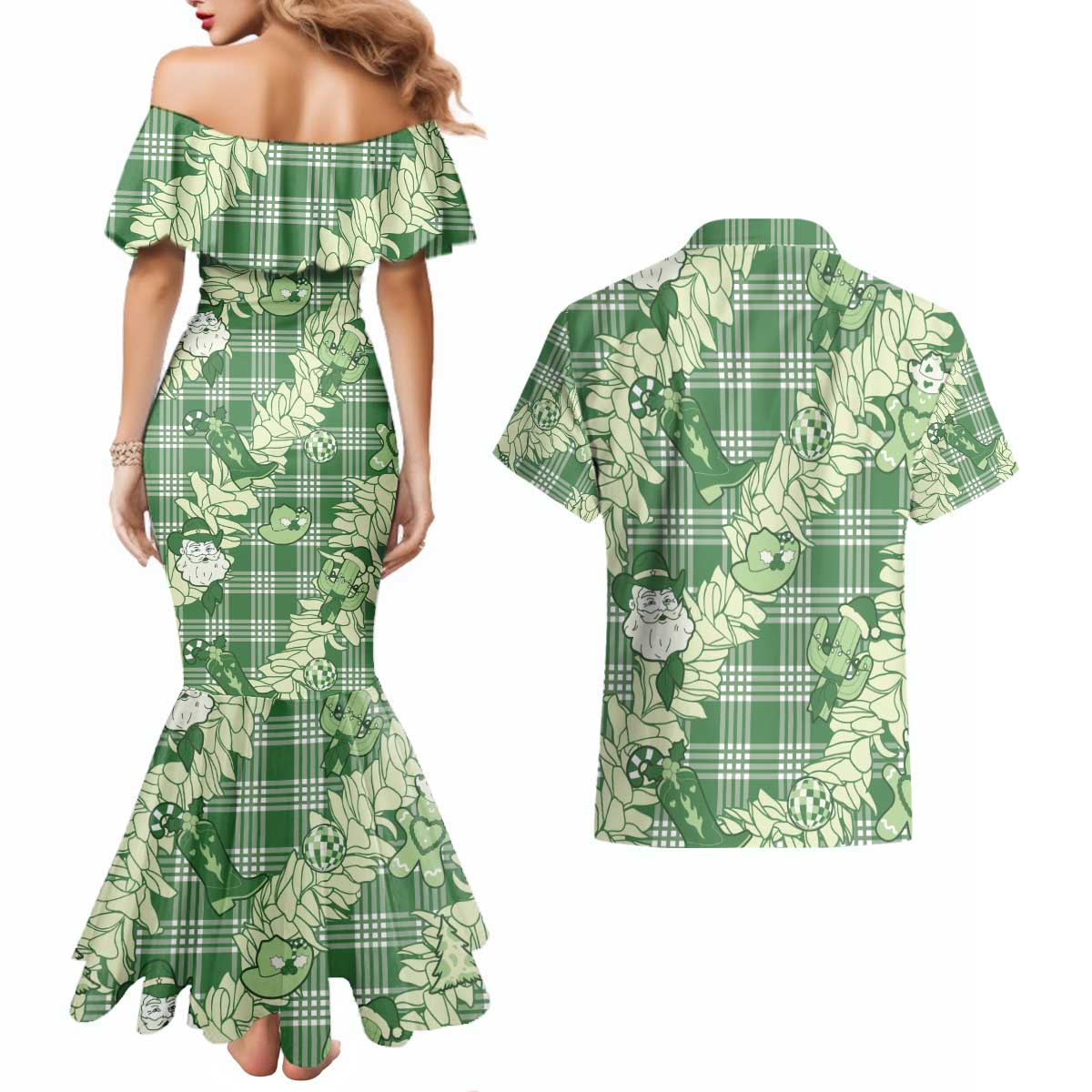 Green Palaka Hawaii Cowboy Christmas Couples Matching Mermaid Dress and Hawaiian Shirt Paniolo Mix Maile Lei - Polynesian Pride