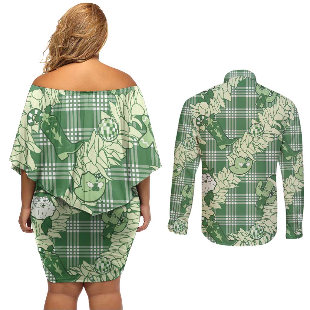 Green Palaka Hawaii Cowboy Christmas Couples Matching Off Shoulder Short Dress and Long Sleeve Button Shirt Paniolo Mix Maile Lei - Polynesian Pride