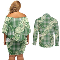 Green Palaka Hawaii Cowboy Christmas Couples Matching Off Shoulder Short Dress and Long Sleeve Button Shirt Paniolo Mix Maile Lei - Polynesian Pride