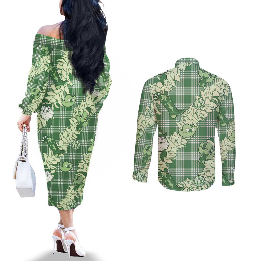 Green Palaka Hawaii Cowboy Christmas Couples Matching Off The Shoulder Long Sleeve Dress and Long Sleeve Button Shirt Paniolo Mix Maile Lei - Polynesian Pride