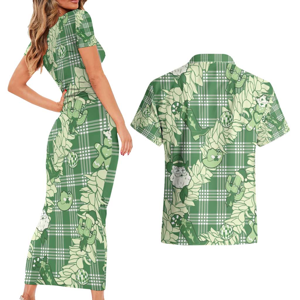 Green Palaka Hawaii Cowboy Christmas Couples Matching Short Sleeve Bodycon Dress and Hawaiian Shirt Paniolo Mix Maile Lei - Polynesian Pride