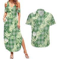 Green Palaka Hawaii Cowboy Christmas Couples Matching Summer Maxi Dress and Hawaiian Shirt Paniolo Mix Maile Lei - Polynesian Pride