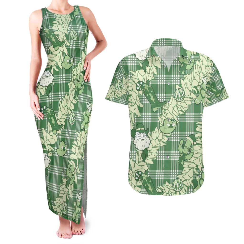 Green Palaka Hawaii Cowboy Christmas Couples Matching Tank Maxi Dress and Hawaiian Shirt Paniolo Mix Maile Lei - Polynesian Pride
