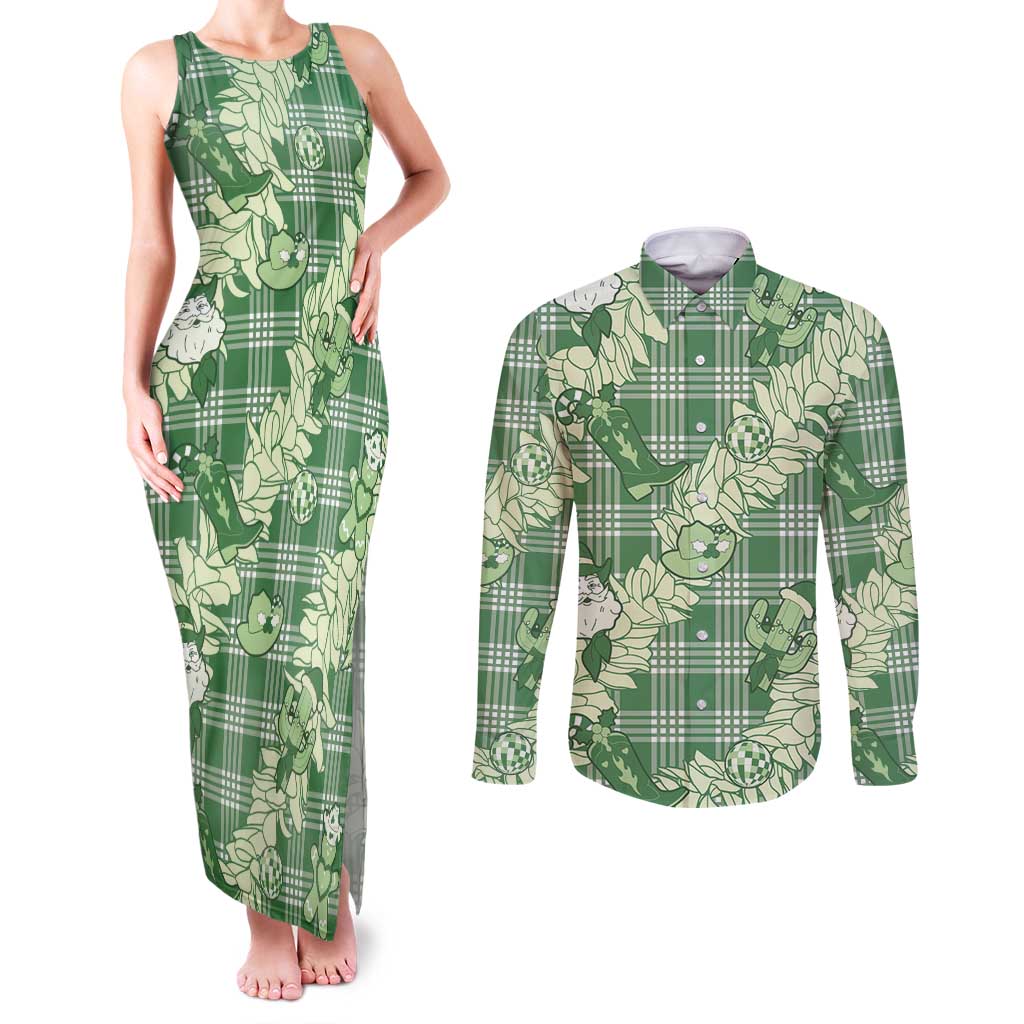 Green Palaka Hawaii Cowboy Christmas Couples Matching Tank Maxi Dress and Long Sleeve Button Shirt Paniolo Mix Maile Lei LT7 Green - Polynesian Pride