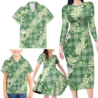 Green Palaka Hawaii Cowboy Christmas Family Matching Long Sleeve Bodycon Dress and Hawaiian Shirt Paniolo Mix Maile Lei - Polynesian Pride