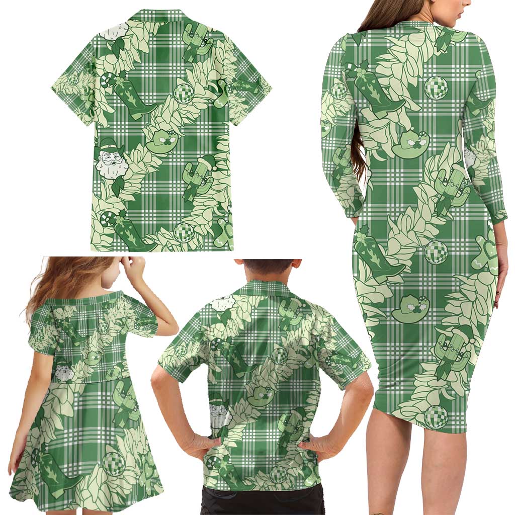 Green Palaka Hawaii Cowboy Christmas Family Matching Long Sleeve Bodycon Dress and Hawaiian Shirt Paniolo Mix Maile Lei - Polynesian Pride