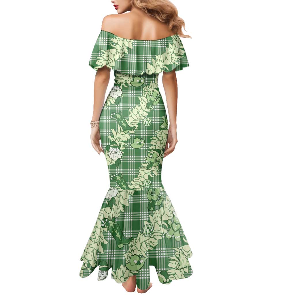Green Palaka Hawaii Cowboy Christmas Family Matching Mermaid Dress and Hawaiian Shirt Paniolo Mix Maile Lei - Polynesian Pride