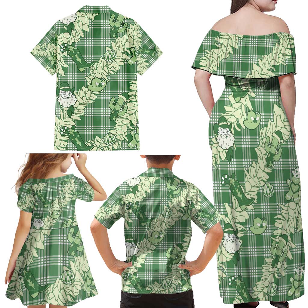 Green Palaka Hawaii Cowboy Christmas Family Matching Off Shoulder Maxi Dress and Hawaiian Shirt Paniolo Mix Maile Lei - Polynesian Pride