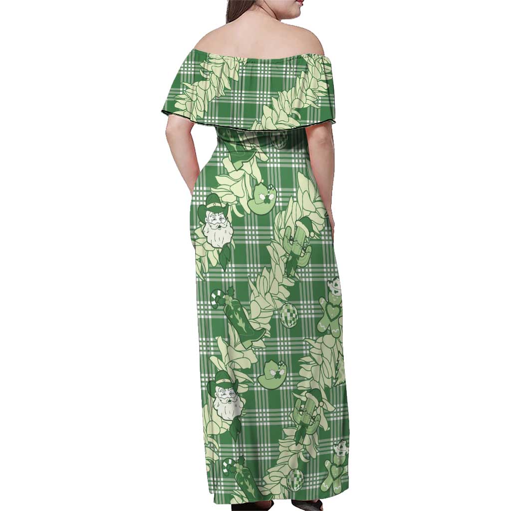 Green Palaka Hawaii Cowboy Christmas Family Matching Off Shoulder Maxi Dress and Hawaiian Shirt Paniolo Mix Maile Lei - Polynesian Pride
