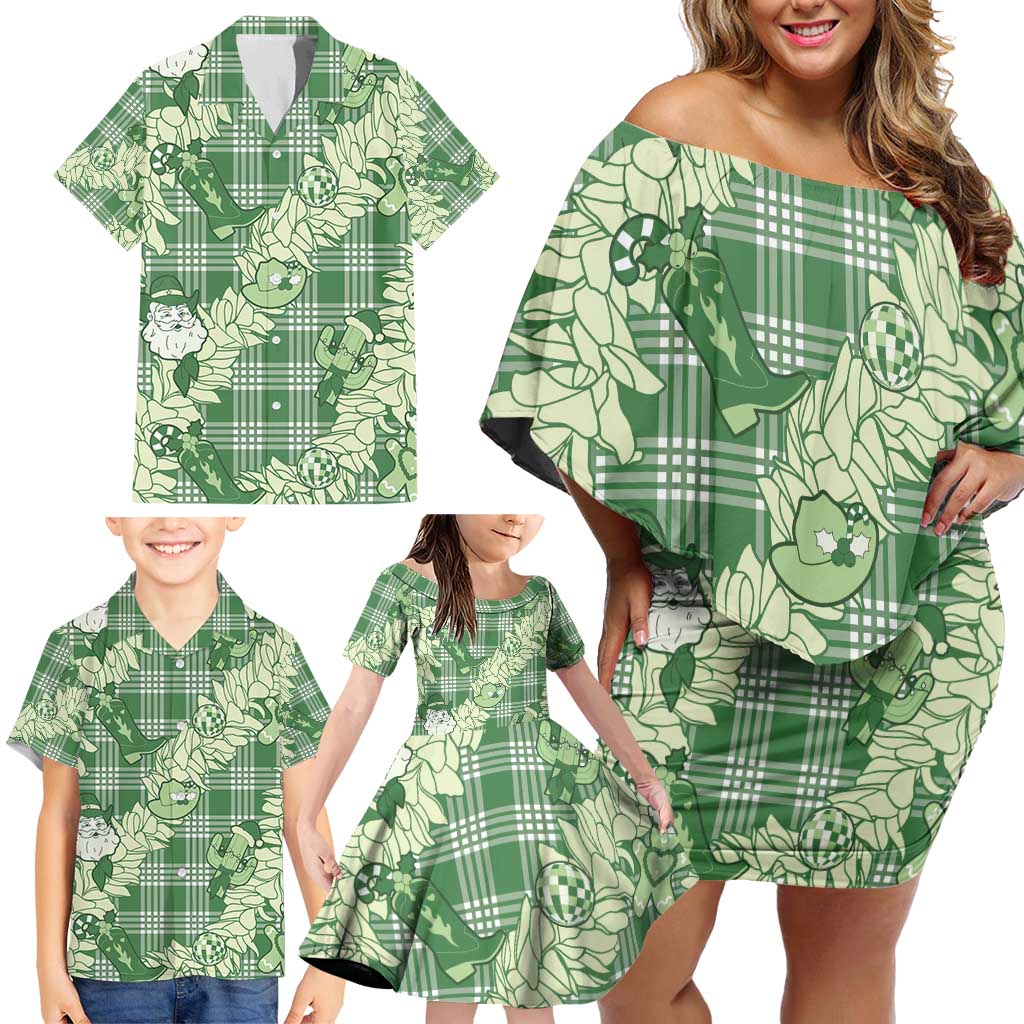 Green Palaka Hawaii Cowboy Christmas Family Matching Off Shoulder Short Dress and Hawaiian Shirt Paniolo Mix Maile Lei - Polynesian Pride
