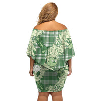 Green Palaka Hawaii Cowboy Christmas Family Matching Off Shoulder Short Dress and Hawaiian Shirt Paniolo Mix Maile Lei - Polynesian Pride