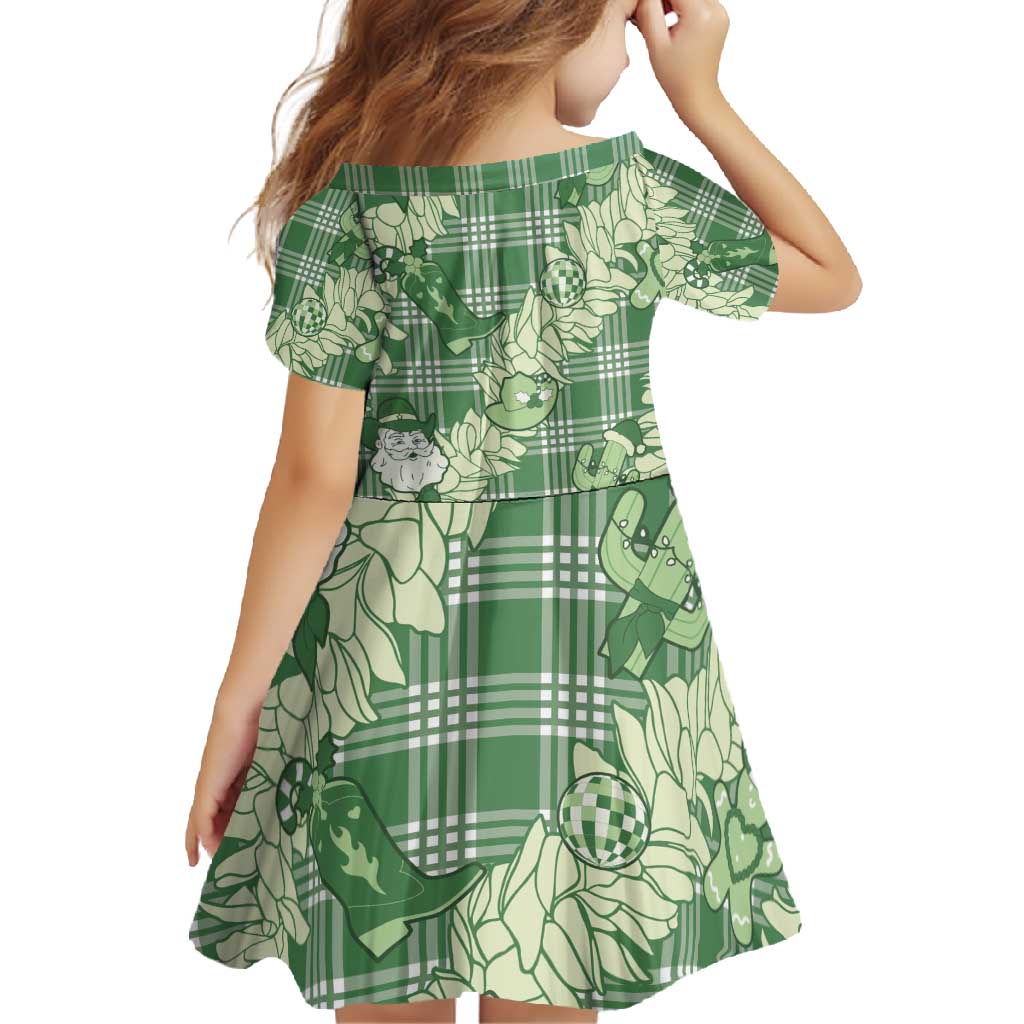 Green Palaka Hawaii Cowboy Christmas Family Matching Short Sleeve Bodycon Dress and Hawaiian Shirt Paniolo Mix Maile Lei - Polynesian Pride