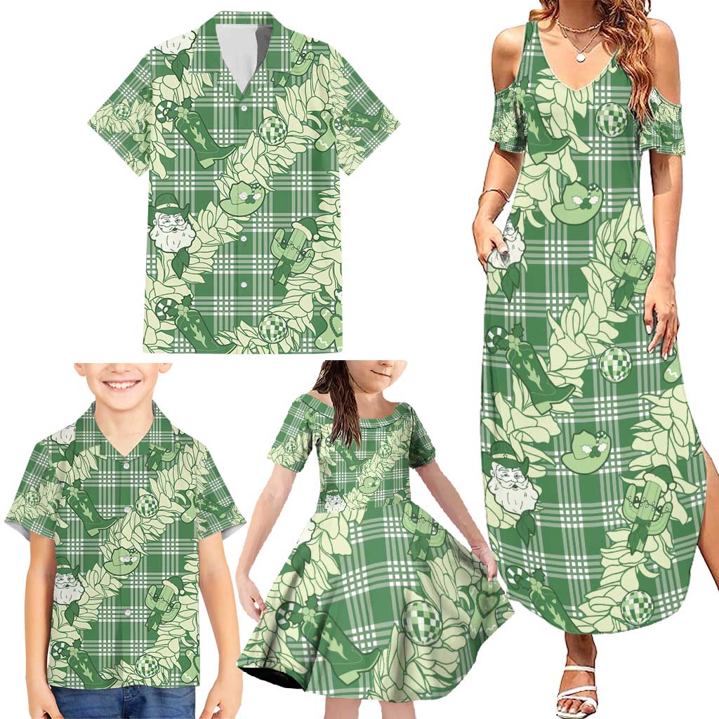 Green Palaka Hawaii Cowboy Christmas Family Matching Summer Maxi Dress and Hawaiian Shirt Paniolo Mix Maile Lei - Polynesian Pride