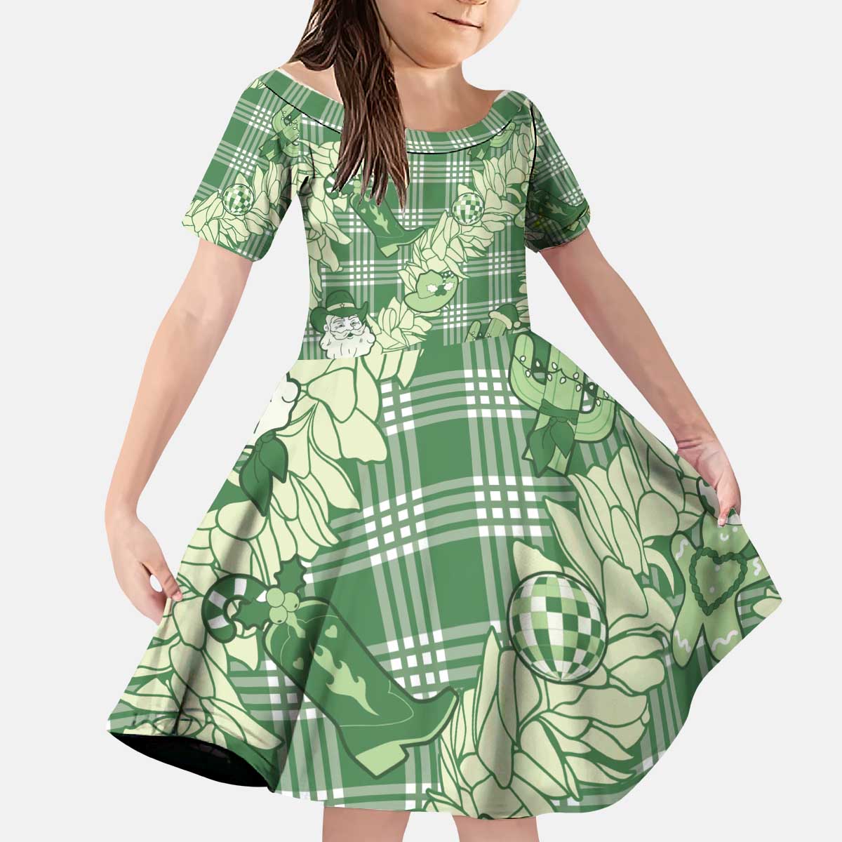Green Palaka Hawaii Cowboy Christmas Kid Short Sleeve Dress Paniolo Mix Maile Lei - Polynesian Pride