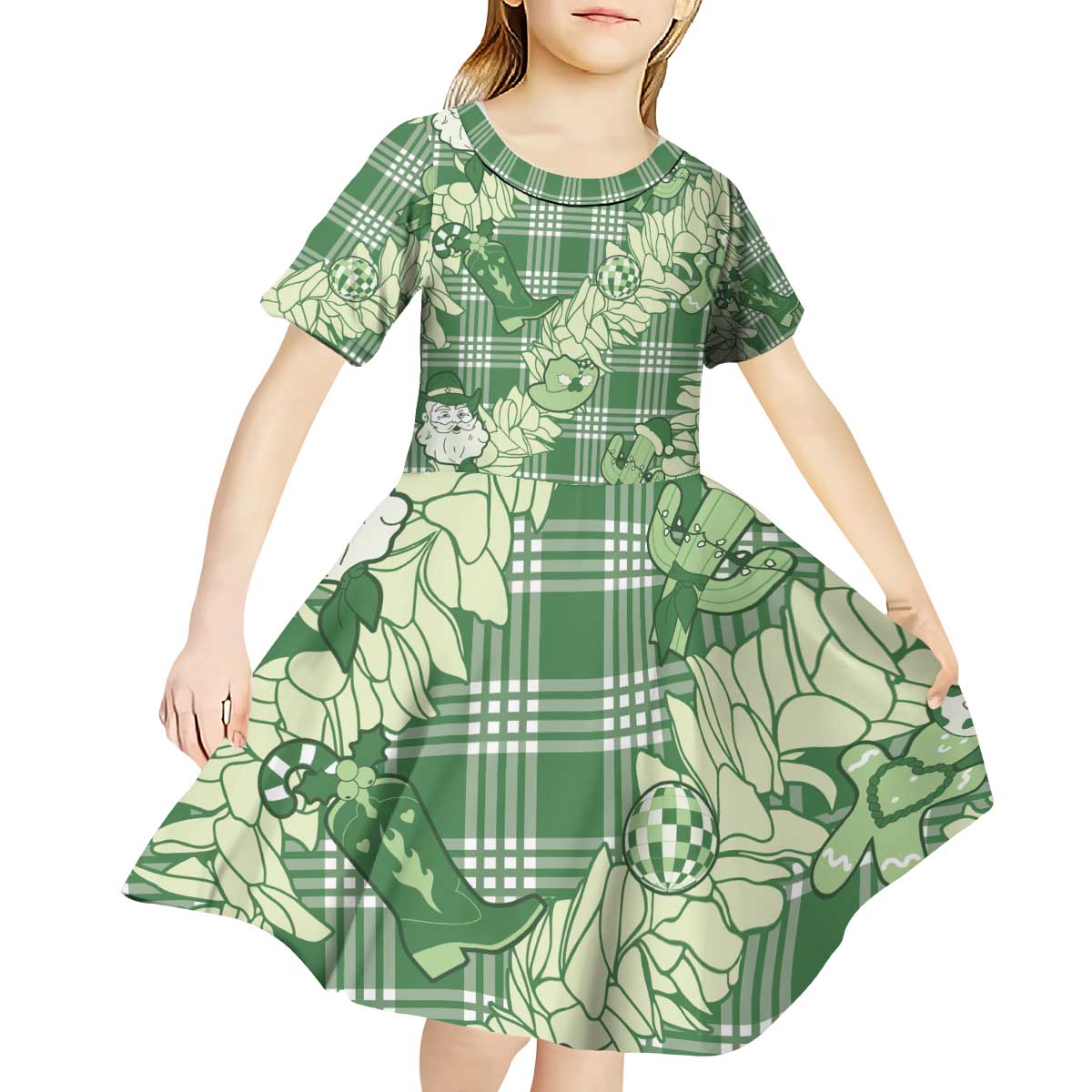 Green Palaka Hawaii Cowboy Christmas Kid Short Sleeve Dress Paniolo Mix Maile Lei - Polynesian Pride