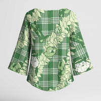 Green Palaka Hawaii Cowboy Christmas Kimono Sleeve Blouse Paniolo Mix Maile Lei - Polynesian Pride